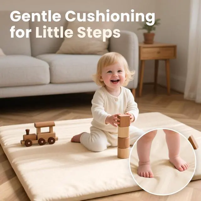 Alt view image 4 of 7 - Huloo Sleep Baby Play Mat 50x50 Inches, 1.3" Thick Padded Waterproof Floor Cushion & Playpen Mat with Vegan Leather, Non-Slip & Non-Toxic Nursery Rug for Infants, Toddlers & Kids(Beige)