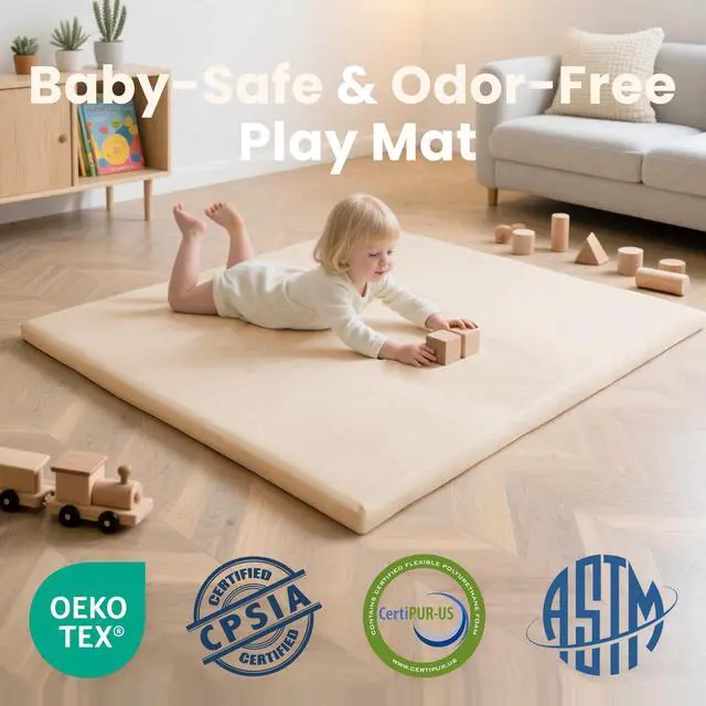 Alt view image 6 of 7 - Huloo Sleep Baby Play Mat 50x50 Inches, 1.3" Thick Padded Waterproof Floor Cushion & Playpen Mat with Vegan Leather, Non-Slip & Non-Toxic Nursery Rug for Infants, Toddlers & Kids(Beige)
