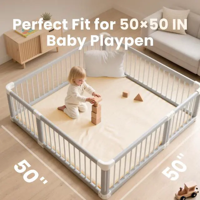 Alt view image 7 of 7 - Huloo Sleep Baby Play Mat 50x50 Inches, 1.3" Thick Padded Waterproof Floor Cushion & Playpen Mat with Vegan Leather, Non-Slip & Non-Toxic Nursery Rug for Infants, Toddlers & Kids(Beige)