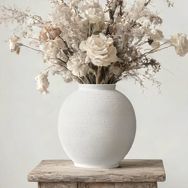 Main image of Large White Ceramic Vase Home Decor, Round Rustic Table Vases Farmhouse Living Room Entrway Kitchen Bedroom DecorationsMinimalist Hand-Made Textured Vase (10.8 Sandstone White)