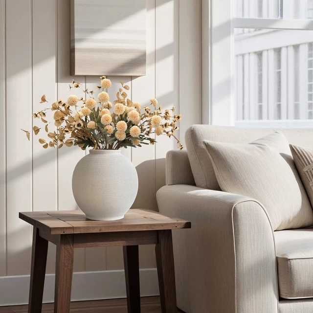 Alt view image 2 of 7 - Large White Ceramic Vase Home Decor, Round Rustic Table Vases Farmhouse Living Room Entrway Kitchen Bedroom DecorationsMinimalist Hand-Made Textured Vase (10.8 Sandstone White)