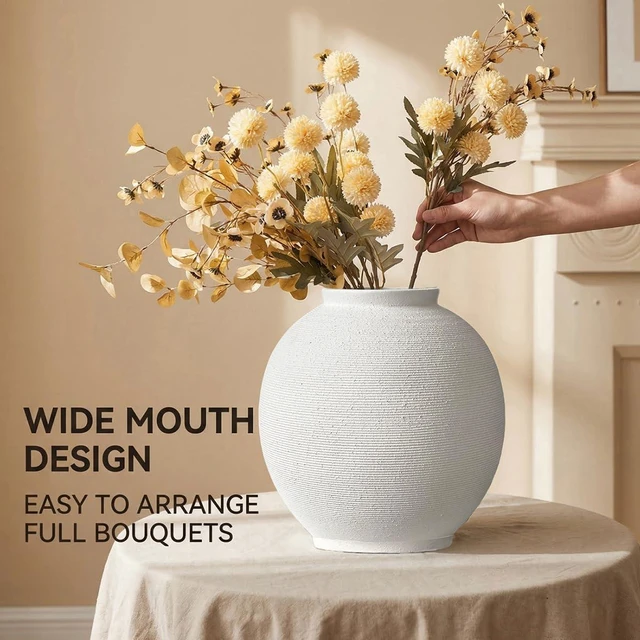 Alt view image 4 of 7 - Large White Ceramic Vase Home Decor, Round Rustic Table Vases Farmhouse Living Room Entrway Kitchen Bedroom DecorationsMinimalist Hand-Made Textured Vase (10.8 Sandstone White)