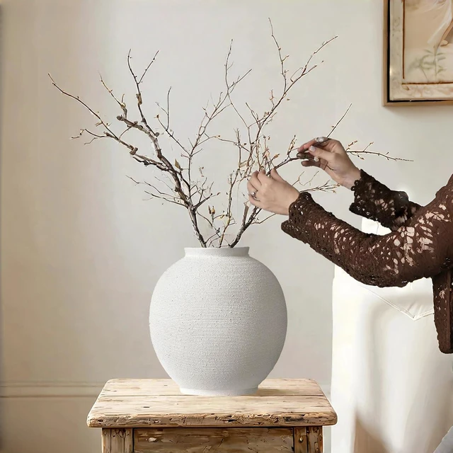 Alt view image 6 of 7 - Large White Ceramic Vase Home Decor, Round Rustic Table Vases Farmhouse Living Room Entrway Kitchen Bedroom DecorationsMinimalist Hand-Made Textured Vase (10.8 Sandstone White)