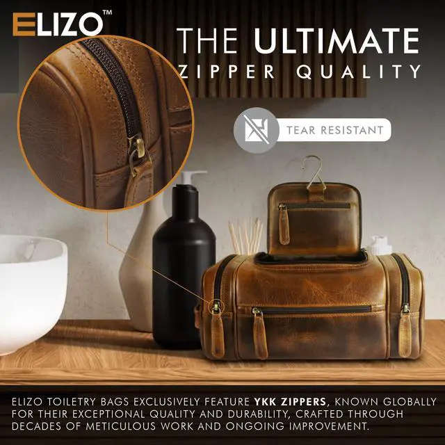 Alt view image 4 of 5 - ELIZO Genuine Leather Toiletry Bag for Men Mens Toiletry Bags for Traveling Waterproof Hanging Leather Dopp Kit w/Hook Extra largeToiletry Bag Travel Organizer for Toiletries