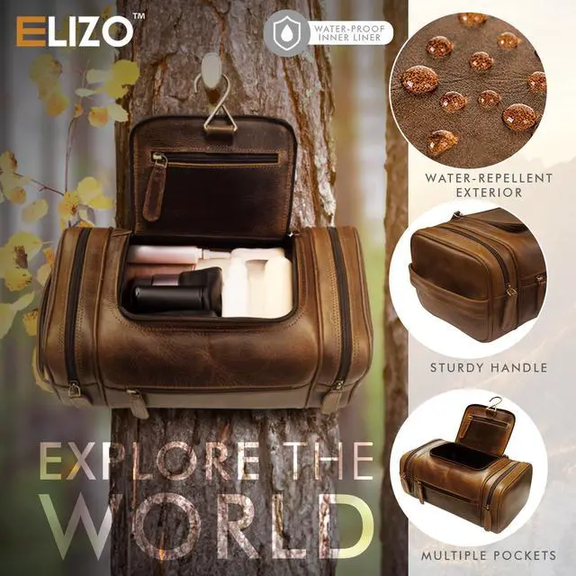 Alt view image 3 of 5 - ELIZO Genuine Leather Toiletry Bag for Men Mens Toiletry Bags for Traveling Waterproof Hanging Leather Dopp Kit w/Hook Extra largeToiletry Bag Travel Organizer for Toiletries