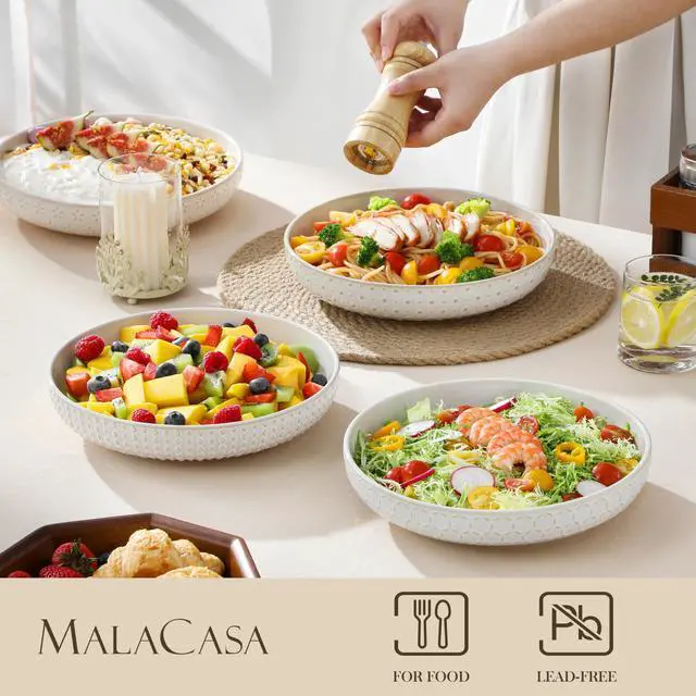 Alt view image 3 of 7 - MALACASA Pasta Bowls 48 Oz, 9.5 Inch Large Salad Bowls, Modern Relief Design Ceramic Serving Bowls, Wide and Shallow Plates Pasta Plates, Microwave & Dishwasher Safe, Set of 4, Series LYDIA