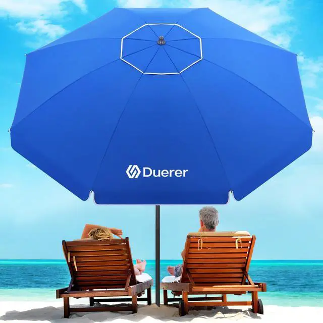 Main image of Duerer 8.5FT Beach Umbrella with Sand AnchorHeavy Duty Wind Resistant UPF 50+ Sun Shade, Portable Travel Beach Umbrella with Tilt & Carry Bag for Beach, Sand, Garden, Patio, Pool (Navy Blue)