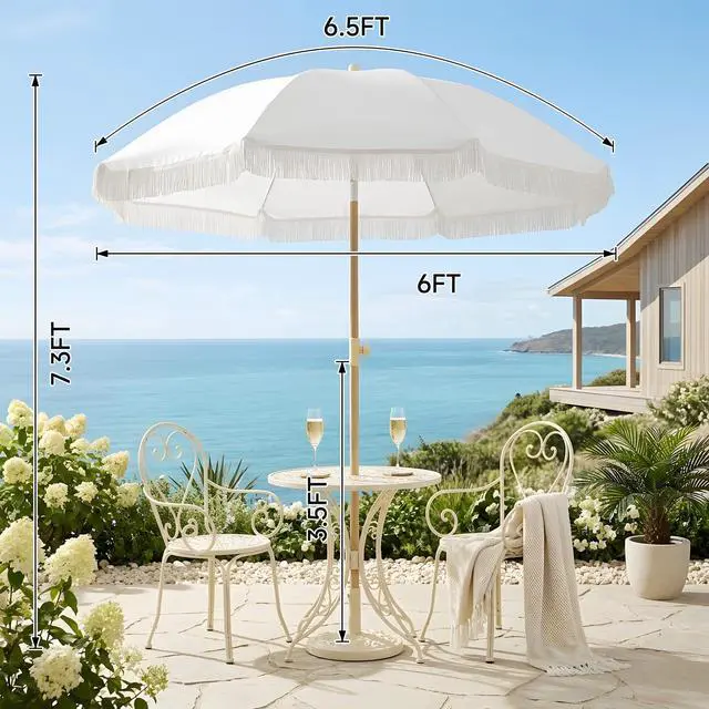 Alt view image 4 of 7 - Kbrellaoutlets Patio Fringe Umbrella with UPF 50+ Protection,8 Ribs and Push Button Tilt,Outdoor Beach Umbrella For Garden,Backyard,Pool,Outside
