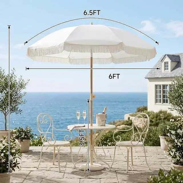 Alt view image 4 of 7 - Aohanoi Patio Fringe Umbrella with UPF 50+ Protection,8 Ribs and Push Button Tilt,Outdoor Beach Umbrella For Garden,Backyard,Pool,Outside