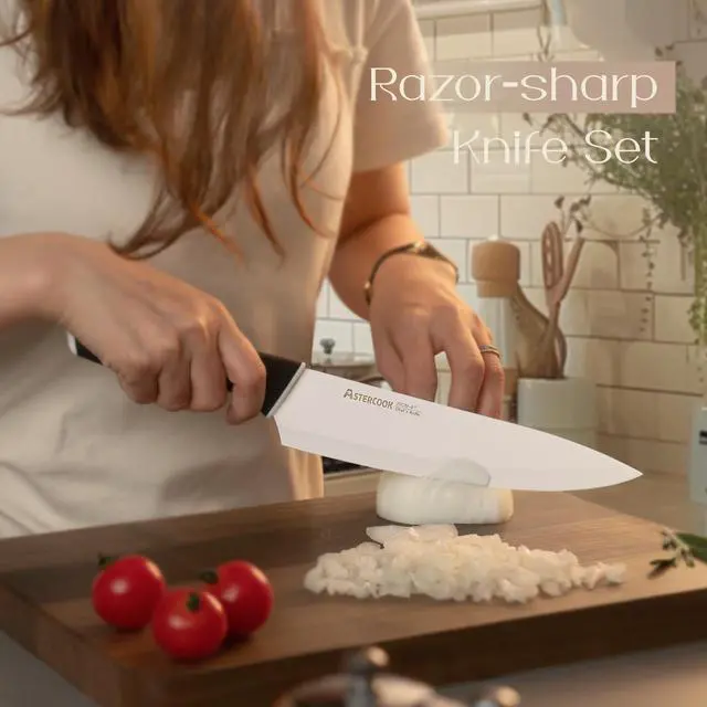 Alt view image 2 of 7 - Astercook Kitchen Knife Set with Block and Sharpener, 15 Piece Knives Set German High Carbon Stainless Steel Knives, Dishwasher Safe Knives with Ergonomic Handle, White
