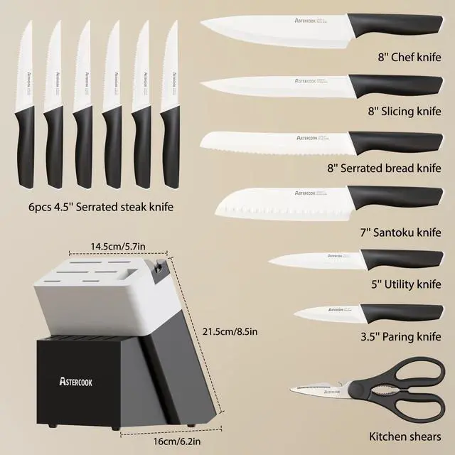 Alt view image 4 of 7 - Astercook Kitchen Knife Set with Block and Sharpener, 15 Piece Knives Set German High Carbon Stainless Steel Knives, Dishwasher Safe Knives with Ergonomic Handle, White