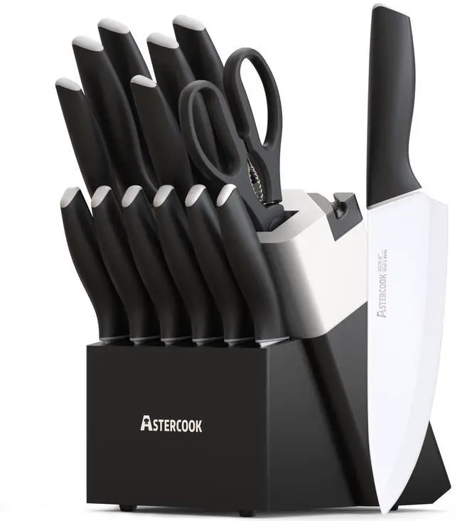 Main image of Astercook Kitchen Knife Set with Block and Sharpener, 15 Piece Knives Set German High Carbon Stainless Steel Knives, Dishwasher Safe Knives with Ergonomic Handle, White