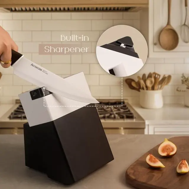 Alt view image 5 of 7 - Astercook Kitchen Knife Set with Block and Sharpener, 15 Piece Knives Set German High Carbon Stainless Steel Knives, Dishwasher Safe Knives with Ergonomic Handle, White