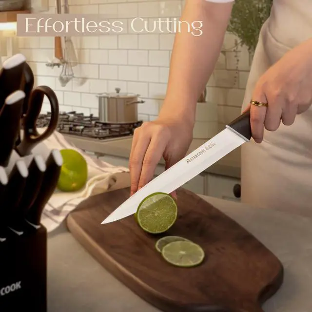 Alt view image 6 of 7 - Astercook Kitchen Knife Set with Block and Sharpener, 15 Piece Knives Set German High Carbon Stainless Steel Knives, Dishwasher Safe Knives with Ergonomic Handle, White