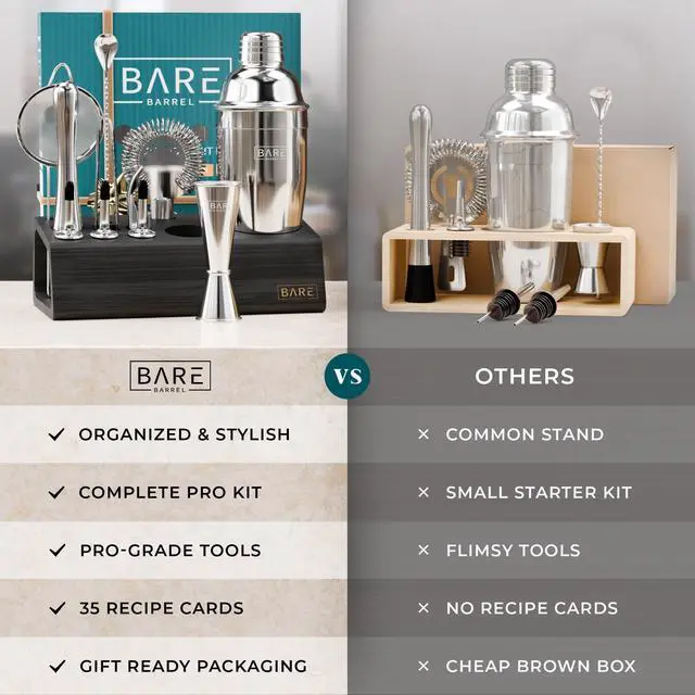 Alt view image 6 of 7 - BARE BARREL® Mixology Bartender Kit Bar Set | 14-Piece Cocktail Shaker Set | Martini Barware Mixing Tools for Home Bartending | Incl. 35 Recipe Cards | Gift Set (24oz Cobbler Shaker, Silver/Black)