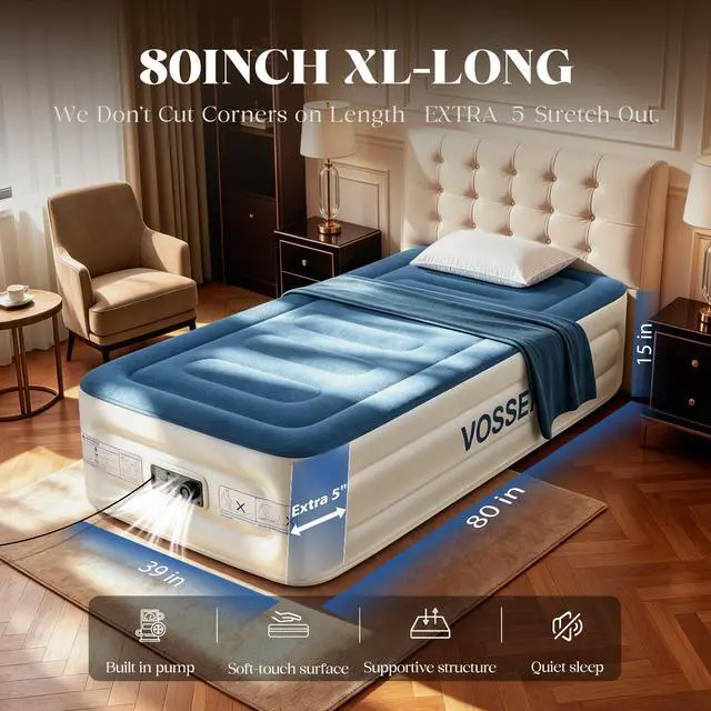 Alt view image 2 of 7 - VOSSER Twin Air Mattress with Built-in Pump,Fast & Easy Inflation/Deflation Inflatable Mattress, Foldable Blow Up Mattress with Storage Bag, Inflatable Bed for Home, Camping & Guests