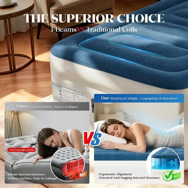 Alt view image 3 of 7 - VOSSER Twin Air Mattress with Built-in Pump,Fast & Easy Inflation/Deflation Inflatable Mattress, Foldable Blow Up Mattress with Storage Bag, Inflatable Bed for Home, Camping & Guests