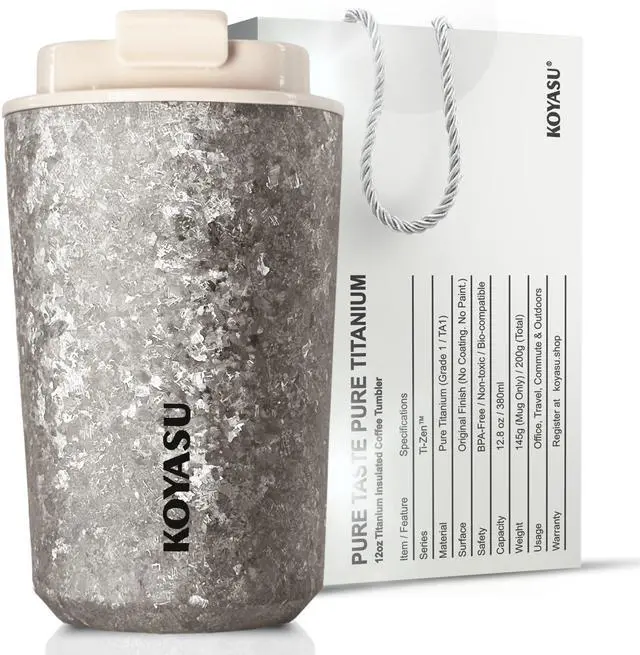 Main image of KOYASU Ti-Zen Titanium Travel Coffee Mug - 12oz Ultralight Insulated Tumbler - Premium EDC Gear & Tactical Accessories - Heavy Duty Cup - Crystallized Texture Thermal Flask - Nimbus Gray