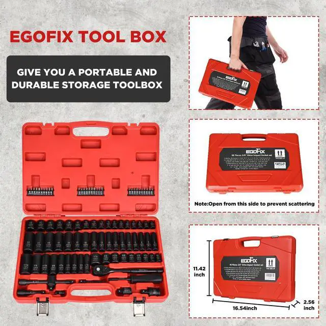 Alt view image 6 of 6 - EGOFIX 3/8" Drive Impact Socket Set, 90 Piece Metric Socket (6-22mm) and Standard SAE Size (5/16-15/16 inch) 6 Point, with 72-Teeth Ratchet Wrench, Mechanics Tool Kit for Automotive Repair