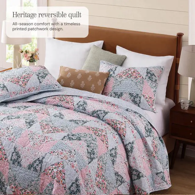 Alt view image 2 of 7 - BLOOMHAVEN Quilt Set Queen Size, Patchwork Pink Floral Quilt Sets, Reversible Bedspread Lightweight and Breathable for All Seasons, Soft Quilted Bedspread with 2 Pillow Shams