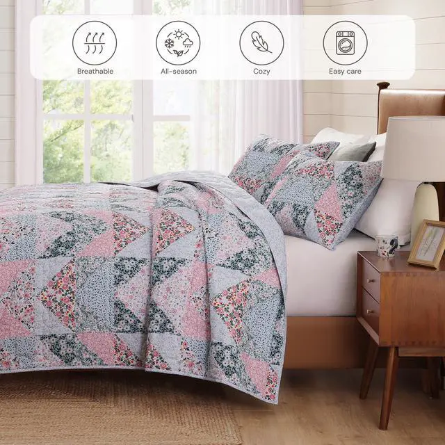 Alt view image 4 of 7 - BLOOMHAVEN Quilt Set Queen Size, Patchwork Pink Floral Quilt Sets, Reversible Bedspread Lightweight and Breathable for All Seasons, Soft Quilted Bedspread with 2 Pillow Shams