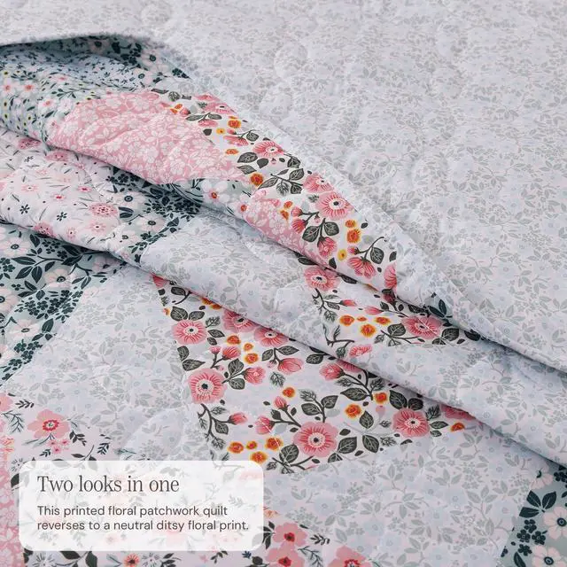 Alt view image 3 of 7 - BLOOMHAVEN Quilt Set Queen Size, Patchwork Pink Floral Quilt Sets, Reversible Bedspread Lightweight and Breathable for All Seasons, Soft Quilted Bedspread with 2 Pillow Shams