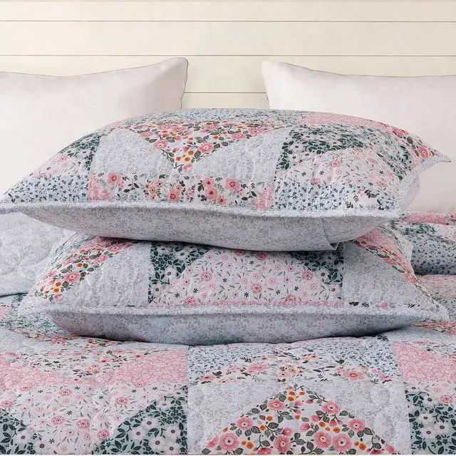 Alt view image 5 of 7 - BLOOMHAVEN Quilt Set Queen Size, Patchwork Pink Floral Quilt Sets, Reversible Bedspread Lightweight and Breathable for All Seasons, Soft Quilted Bedspread with 2 Pillow Shams