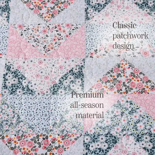Alt view image 6 of 7 - BLOOMHAVEN Quilt Set Queen Size, Patchwork Pink Floral Quilt Sets, Reversible Bedspread Lightweight and Breathable for All Seasons, Soft Quilted Bedspread with 2 Pillow Shams