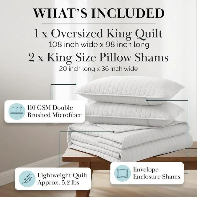 Alt view image 2 of 7 - Southshore Fine Living, Inc. King Quilt Bedding Set with Shams, Coverlet Quilt King Size Bedspread, Luxury Bedding, Bed Spread for Kings/California Kings, Lightweight Quilted Coverlet, White Quilts