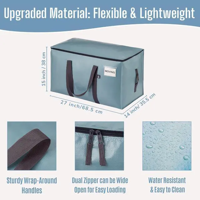 Alt view image 2 of 7 - VENO 16 Pack Heavy Duty Moving Bags, 90L Extra Large Moving Boxes Alternative, 50lbs Load,Wraparound Handles,Zippers & Tag,Packing Supplies for College Dorm Essentials, Clothes Storage(Light Blue)