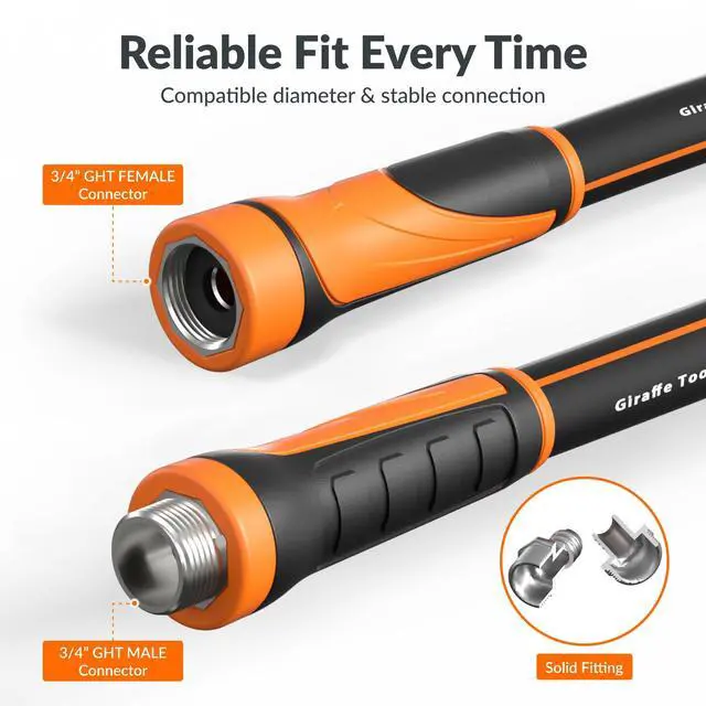 Alt view image 3 of 7 - Giraffe Tools Garden Hose 5/8", Water Hose Heavy Duty, Flexible, Lightweight Hybrid Hose with Swivel Handle, 100ft Male to Female Fittings, Burst 600 PSI