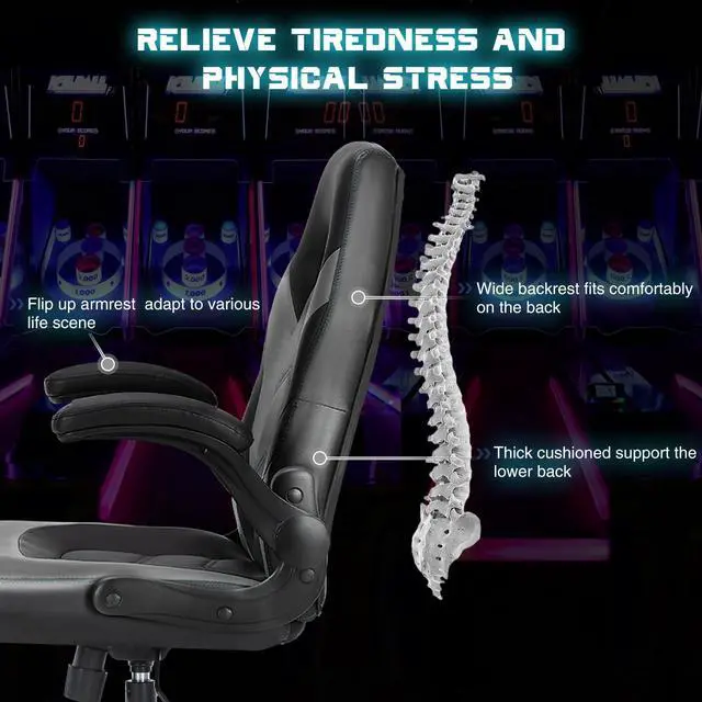 Alt view image 4 of 7 - DUMOS Ergonomic Computer Gaming Chair with Flip-up Armrest, Height Adjustable PU Leather Home Office Desk Chair with Lumbar Support Swivel Wheels and for Adults and Kids, Black and Gray