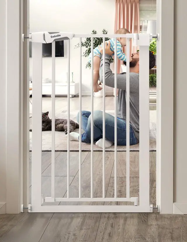 Main image of BABELIO 26-28.5 Inch Narrow Easy Install Baby Gate, 30 Inch Tall Auto-Close Metal Pet Gate for Small Stairs and Doorways, NO Drilling Pressure Mounted, NO Extensions, White