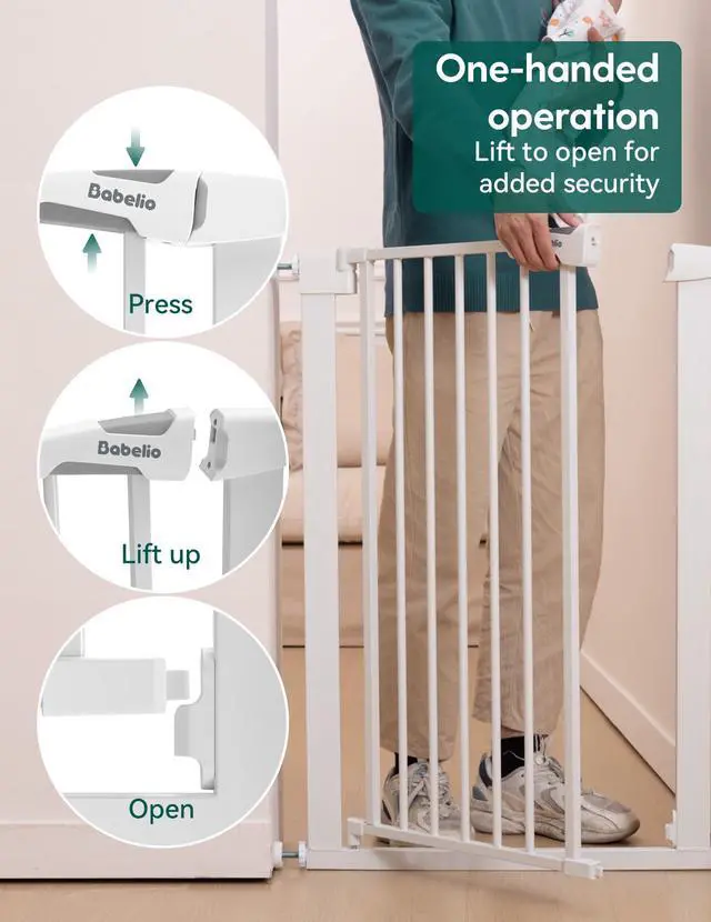 Alt view image 4 of 7 - BABELIO 26-28.5 Inch Narrow Easy Install Baby Gate, 30 Inch Tall Auto-Close Metal Pet Gate for Small Stairs and Doorways, NO Drilling Pressure Mounted, NO Extensions, White