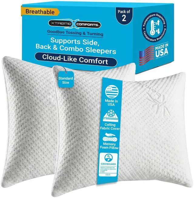 Main image of Xtreme Comforts GREENGUARD Certified Standard Bed Memory Foam Pillows (2 Pack) | Slim Cooling Pillow for Sleeping on Side, Back & Stomach - Firm and Soft Bed Pillows - USA Made