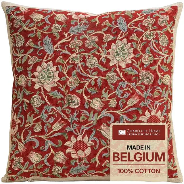 Main image of Charlotte Home Furnishings Inc Tapestry Throw Pillow Covers 16x16 Red Flowers Boho Decorative Couch Pillow Covers William Morris Inspired 100% Cotton Cozy Home Decor Jacquard Woven Floral Living Room
