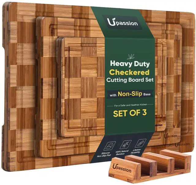 Main image of Heavy Duty Bamboo Cutting Board Set 3 Pack Non Toxic Juice Groove Charcuterie Board Book Wood Cutting Boards for Kitchen Solid End Grain Wood Chopping Board Large Butcher Block