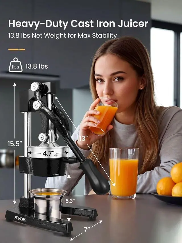 Alt view image 4 of 7 - FOHERE Orange Juicer Squeezer, Cast Iron Lemon Squeezer, Commercial Citrus Juicer Hand Press for Orange, Lemon, Pomegranate, Grapefruit, Easy to Clean Citrus Squeezer with a Stainless Steel Cup
