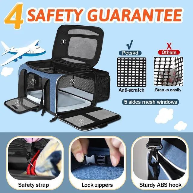 Alt view image 5 of 7 - Petskd Top and Side Expandable Pet Carrier 18x11x11 Inches Delta United Airline Approved, Soft-Sided Carrier for Small Cats and Dogs with Locking Safety Zippers and Anti-Scratch Mesh(Blue)