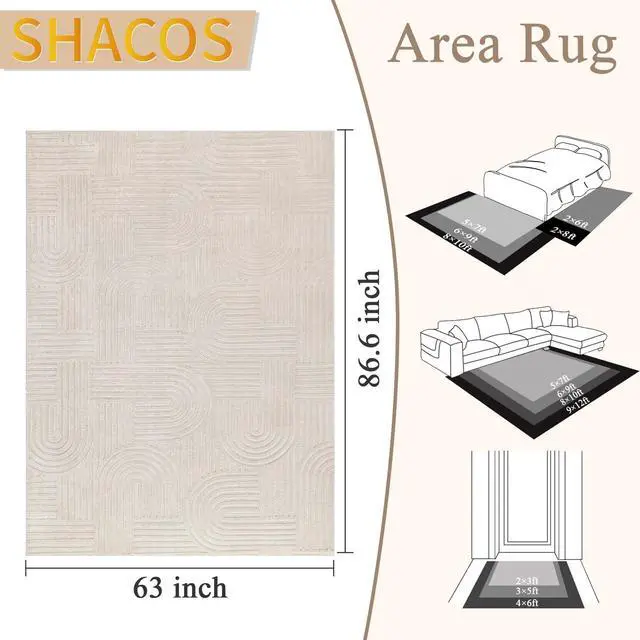 Alt view image 2 of 7 - SHACOS Soft Cozy Fluffy Arch Pattern High-Low Pile Textured Area Rug 5'3"x7'3" Non Slip Washable Modern Geometric Rug Stain Resistant Contemporary Carpet for Living Room Bedroom Dining Room, Beige