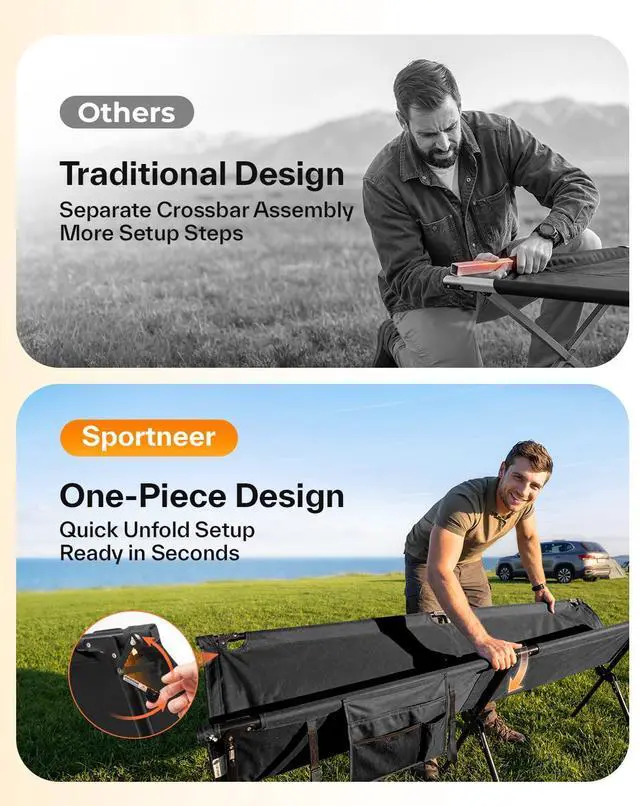 Alt view image 2 of 7 - Sportneer Camping Cot: 78.3"x28.7"x14.6" Comfort Cot Bed for Camping Traveling Guest Bed, Sleeping Cots for Adults with Side Pockets & Storage Bag - Ease of Assembly, Support 330 Lbs