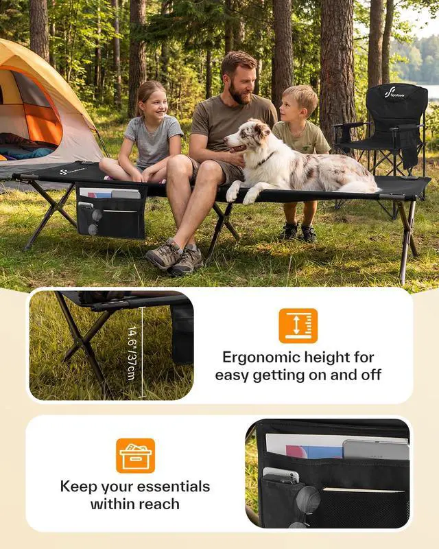 Alt view image 6 of 7 - Sportneer Camping Cot: 78.3"x28.7"x14.6" Comfort Cot Bed for Camping Traveling Guest Bed, Sleeping Cots for Adults with Side Pockets & Storage Bag - Ease of Assembly, Support 330 Lbs