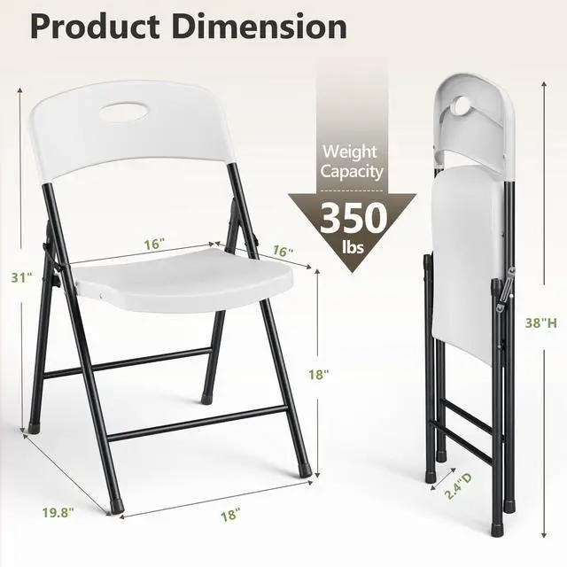 Alt view image 3 of 6 - Plastic Folding Chair 4 Pack, Outdoor Sturdy Metal White Folding Chairs for Outside Indoor, Portable 350 lbs Capacity Heavy Duty Foldable Commercial Seating for Picnic, Party, Patio, White