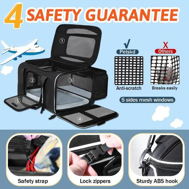 Alt view image 5 of 7 - Petskd Top and Side Expandable Pet Carrier 18x11x11 Inches Delta United Airline Approved, Soft-Sided Carrier for Small Cats and Dogs with Locking Safety Zippers and Anti-Scratch Mesh(Black)