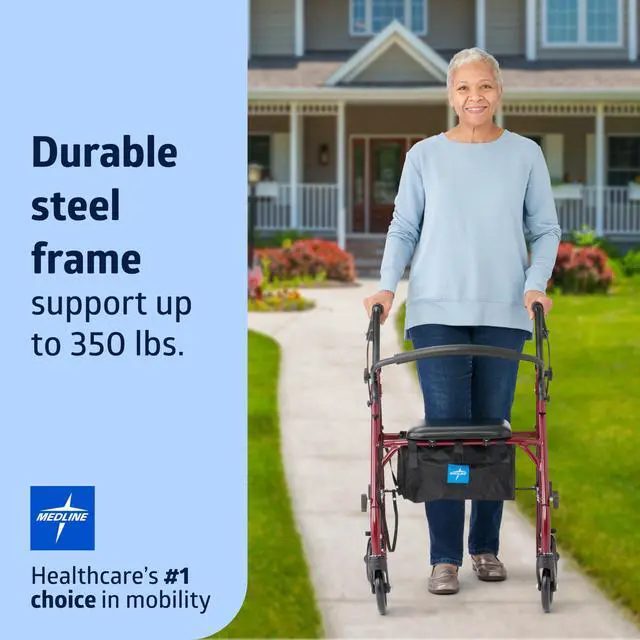 Alt view image 2 of 6 - Medline Steel Rollator Walker with Seat, Burgundy, 350 lb. Weight Capacity, 6 Wheels, Foldable, Adjustable Handles, Rolling Walker for Seniors, Walker for Mobility Impaired