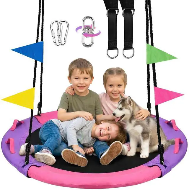 Main image of HeyZoo 43 Inch Tree Swing, 900lbs Weight Capacity Saucer Swing Sets for Kids & Adults, with 360 Degree Swivel and Adjustable Hanging Strap, Pink and Purple