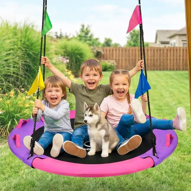 Alt view image 2 of 7 - HeyZoo 43 Inch Tree Swing, 900lbs Weight Capacity Saucer Swing Sets for Kids & Adults, with 360 Degree Swivel and Adjustable Hanging Strap, Pink and Purple