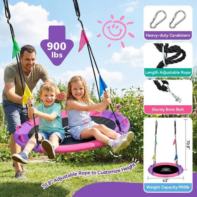Alt view image 3 of 7 - HeyZoo 43 Inch Tree Swing, 900lbs Weight Capacity Saucer Swing Sets for Kids & Adults, with 360 Degree Swivel and Adjustable Hanging Strap, Pink and Purple