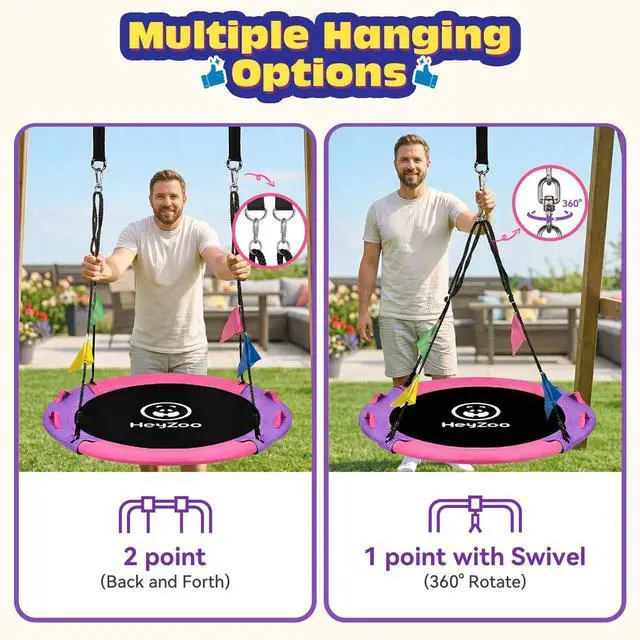 Alt view image 4 of 7 - HeyZoo 43 Inch Tree Swing, 900lbs Weight Capacity Saucer Swing Sets for Kids & Adults, with 360 Degree Swivel and Adjustable Hanging Strap, Pink and Purple