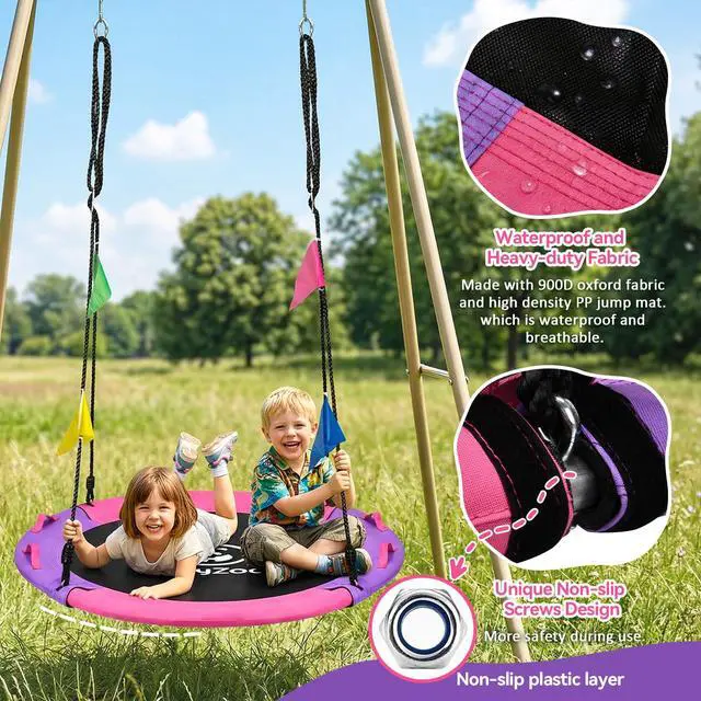 Alt view image 5 of 7 - HeyZoo 43 Inch Tree Swing, 900lbs Weight Capacity Saucer Swing Sets for Kids & Adults, with 360 Degree Swivel and Adjustable Hanging Strap, Pink and Purple